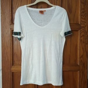 Tory Burch XS Linen Ivory Beaded Sleeves Tee